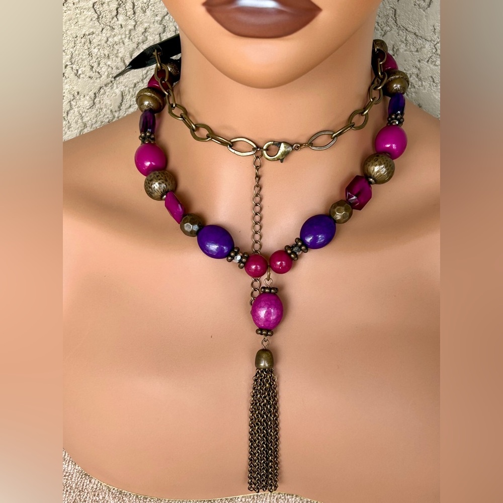 Catherine’s Bohemian Pink and Purple Beaded With Tassel Necklace
